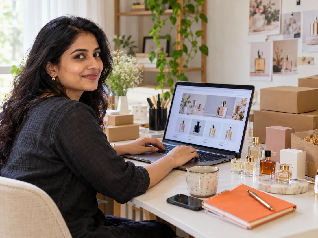 Illustrative entrepreneur with an online perfume store